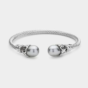 Gray Pearl Tip Twisted Rope Cable Style Cuff Bracelet Bangle Metal Accessory